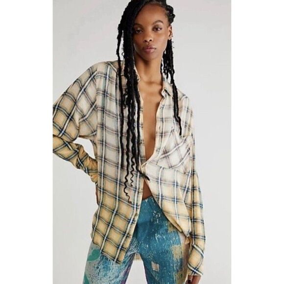 NWT FREE PEOPLE FP ONE Sz M GRUNGE PLAID SHIRT BUTTONDOWN TUNIC - Picture 1 of 1